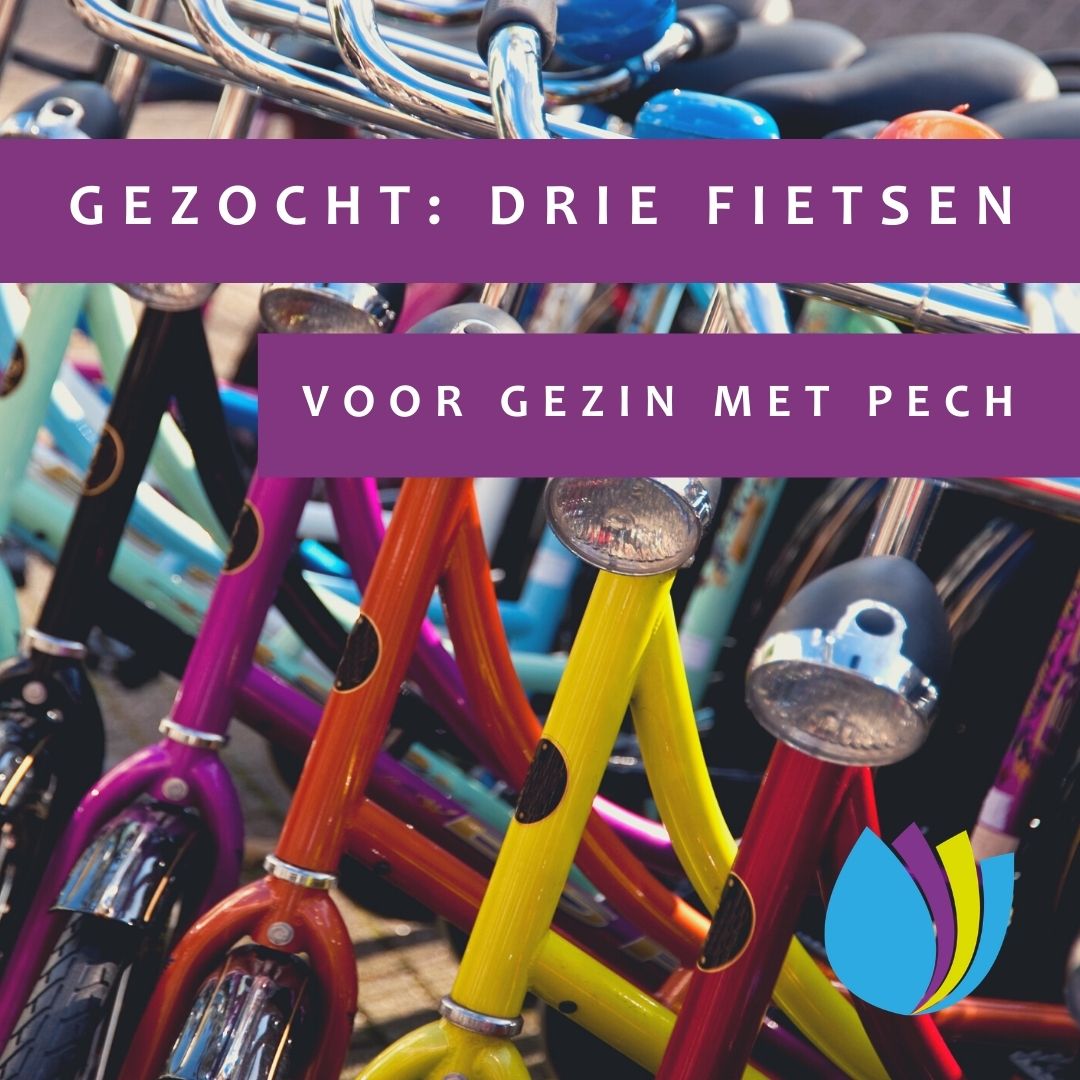 Afbeelding van de voorkanten van zes fietsen met de tekst 'gezocht: drie fietsen voor gezin met pech'